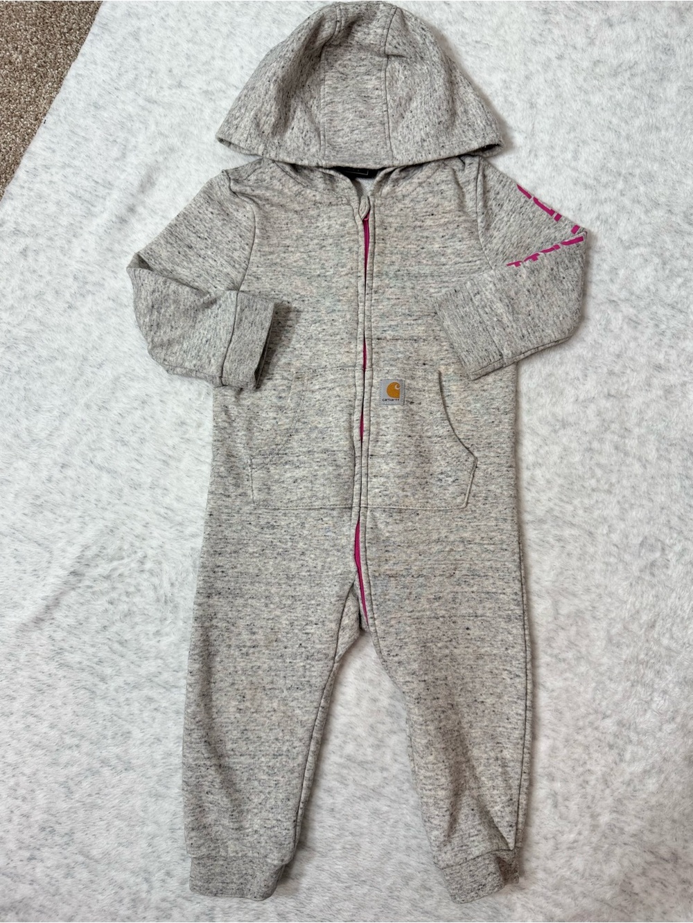 Carhartt Baby Gray Hooded Fleece Coveralls 12M Girl Pink Zip Jumpsuit Workwear